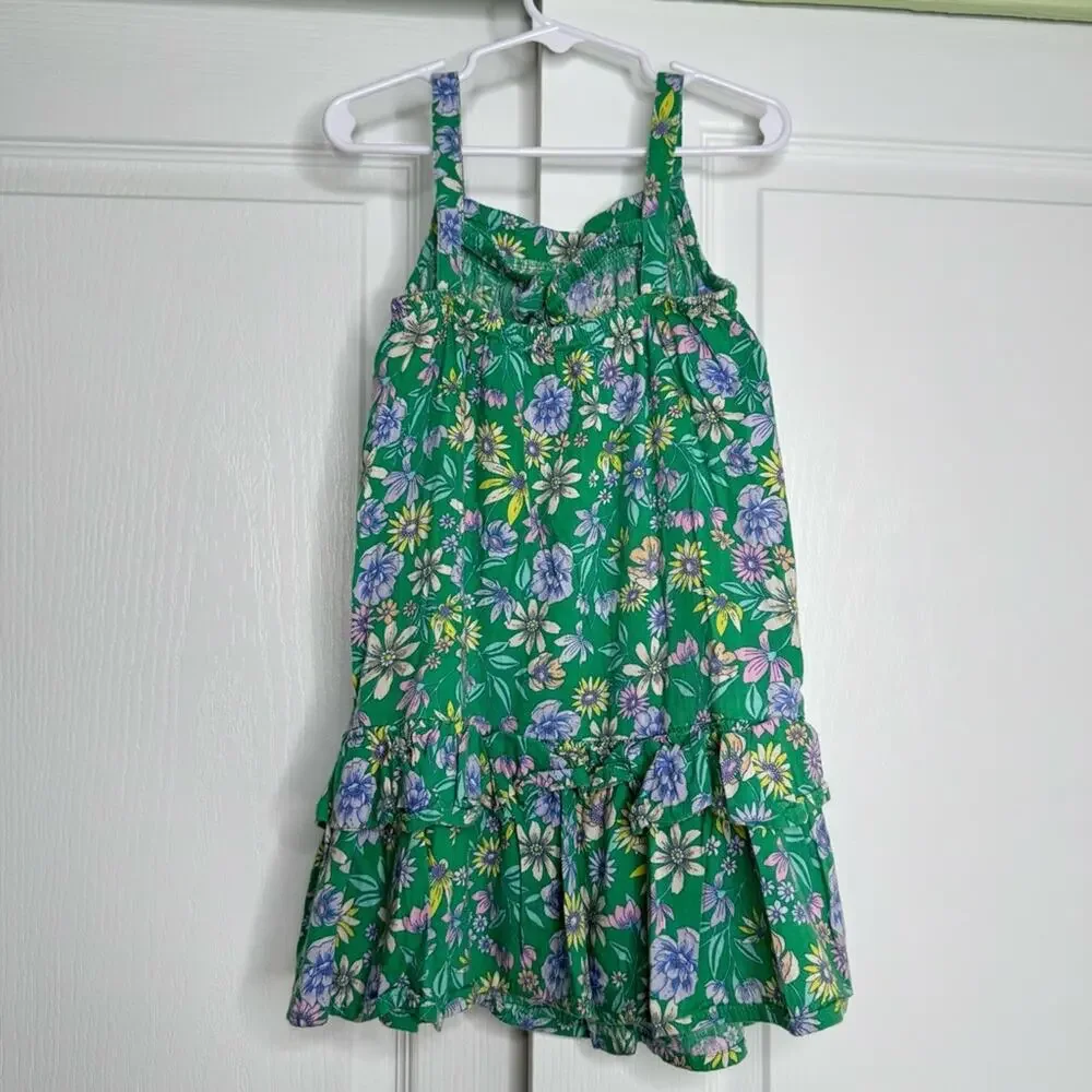 Old Navy Floral Print Knee Length Dress Sleeveless Cotton Blend Ruffled Green 4T